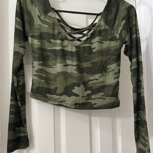 Derek Heart Green Camo Criss-Cross Crop Top